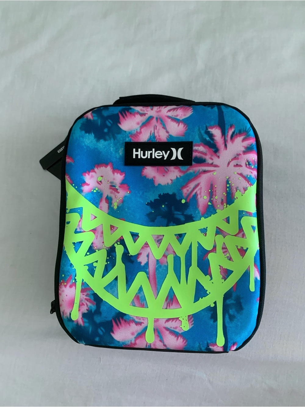 Hurley Shark Bite Insulated Lunch Bag NWT Palm Tree Graphic Blue Pink Yellow